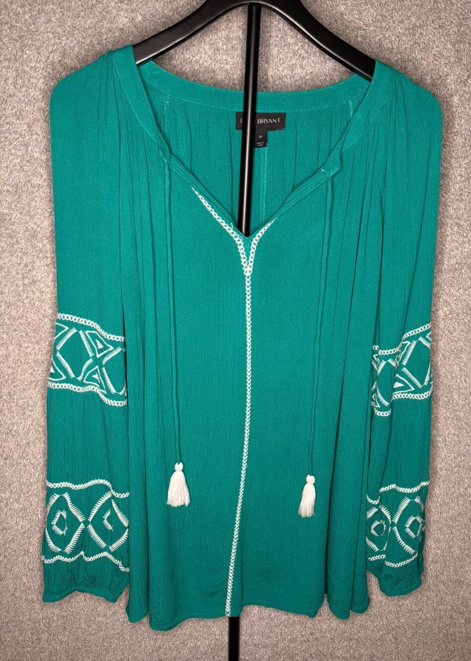 Lane Bryant 24 Teal Embroidered Boho Peasant Tassel Blouse